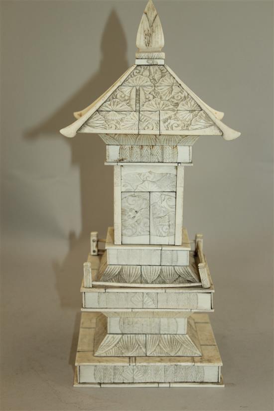 A Japanese ivory veneered model of a shrine, early 20th century, 32.5cm, wood stand